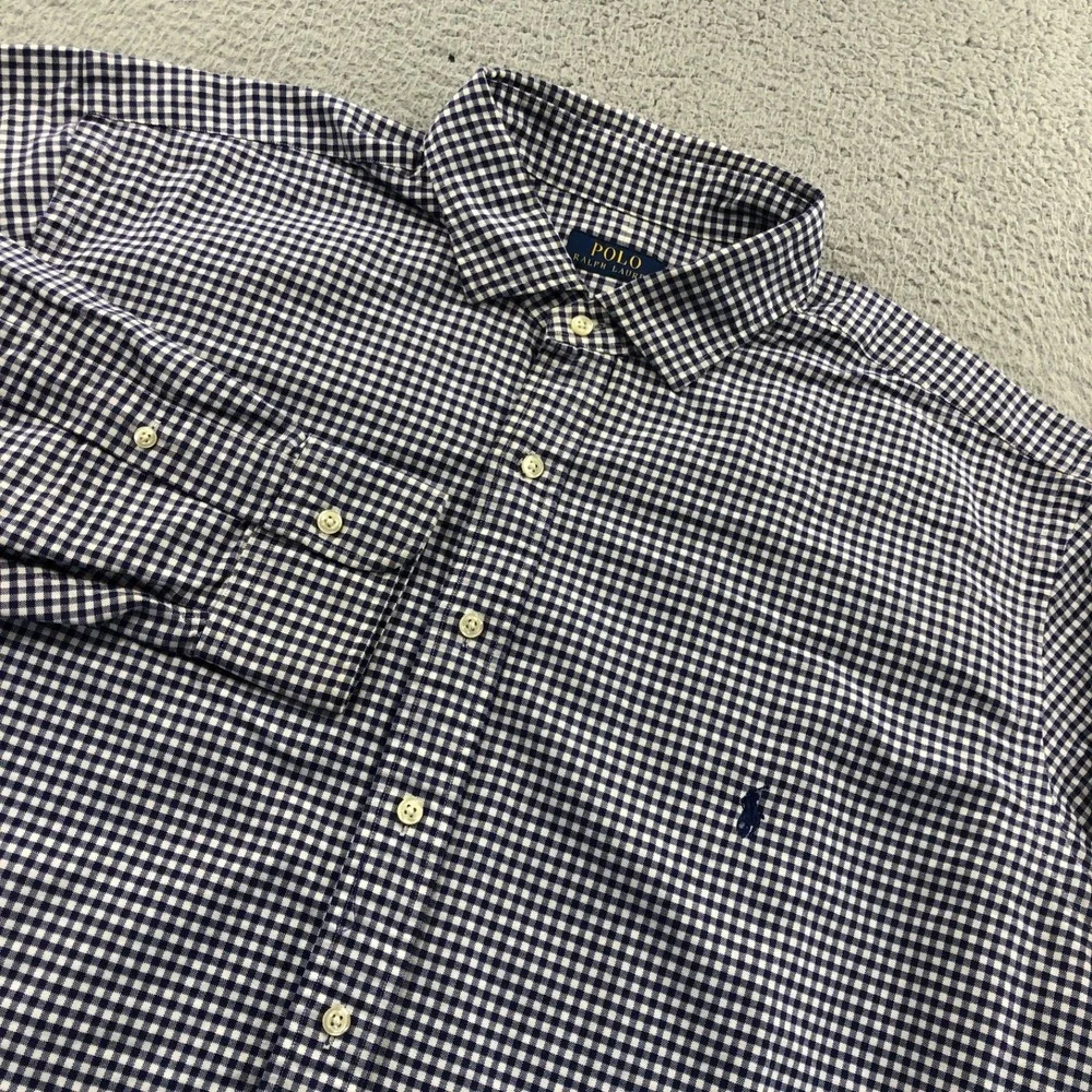 Polo Ralph Lauren Shirt Mens 2XLT Tall Blue White OCBD Gingham Plaid Oxford Pony